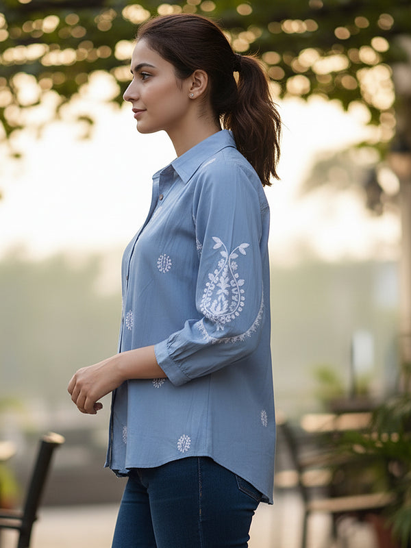Sky Blue Handcrafted Embroidered Cotton Shirt with Statement Sleeves