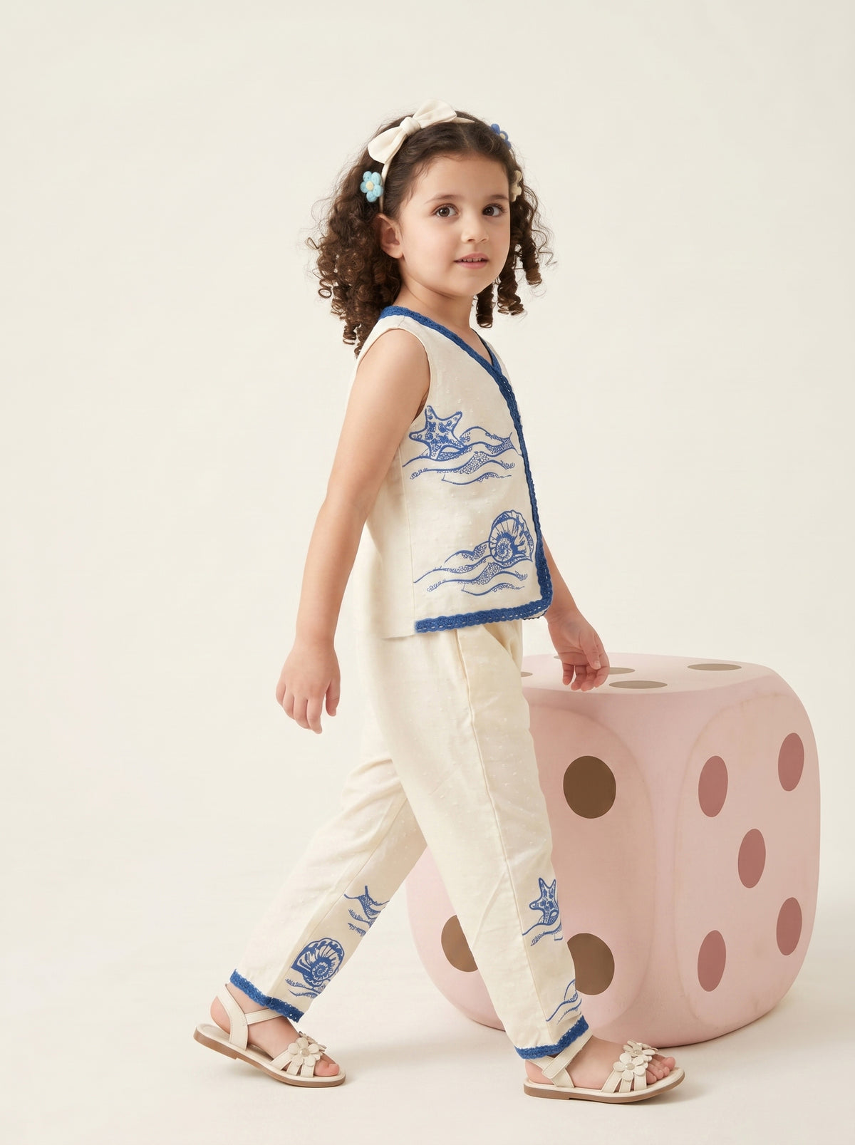 Girls Ivory White & Blue Ocean Printed Sleeveless Top with Matching Pants Co-Ord Set