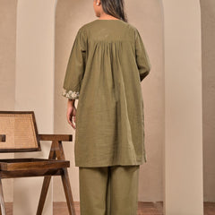 Elegant Olive Green Cotton Embroidered Kurta Set