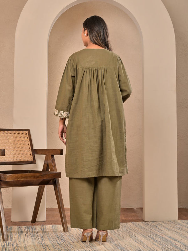 Elegant Olive Green Cotton Embroidered Kurta Set