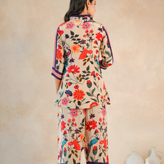 Elegant Beige Floral Shirt Style Top and Bottom Set