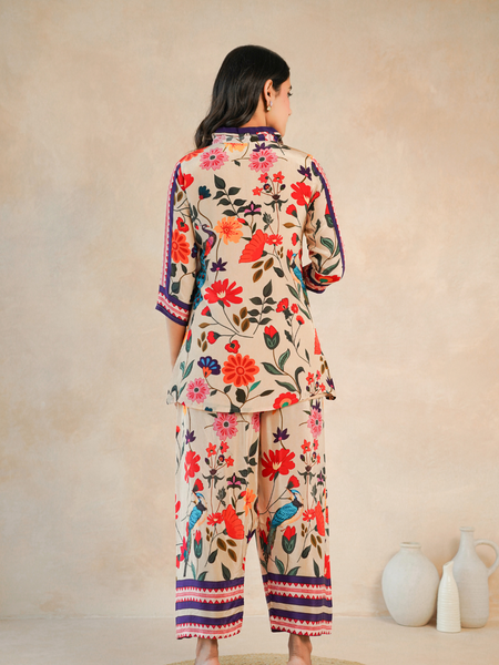 Elegant Beige Floral Shirt Style Top and Bottom Set