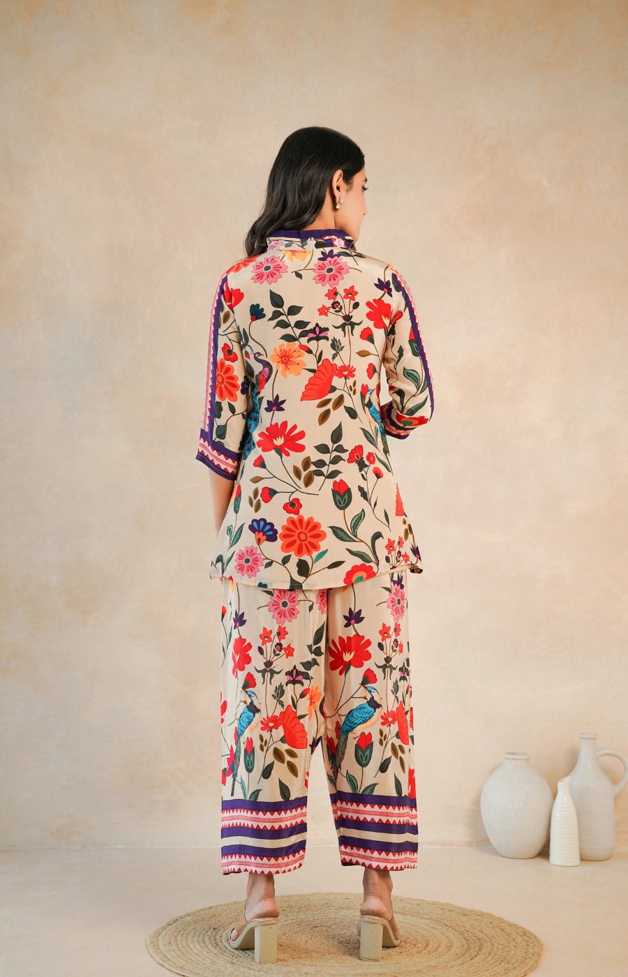 Elegant Beige Floral Shirt Style Top and Bottom Set