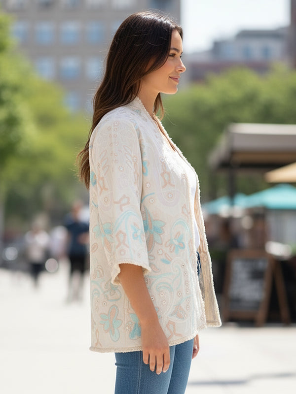 Cream Embroidered Cotton Flex Jacket