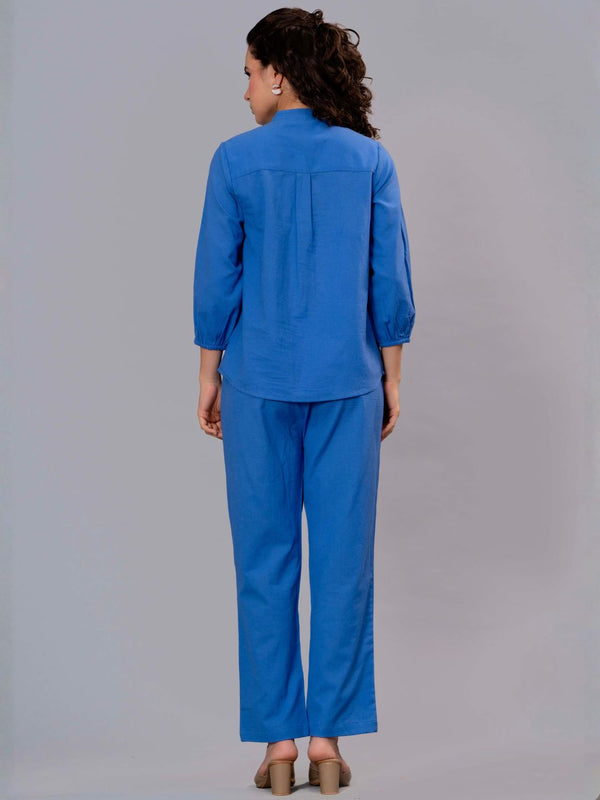 Blue Cotton Embroidered Co-Ord Set with Zip Top