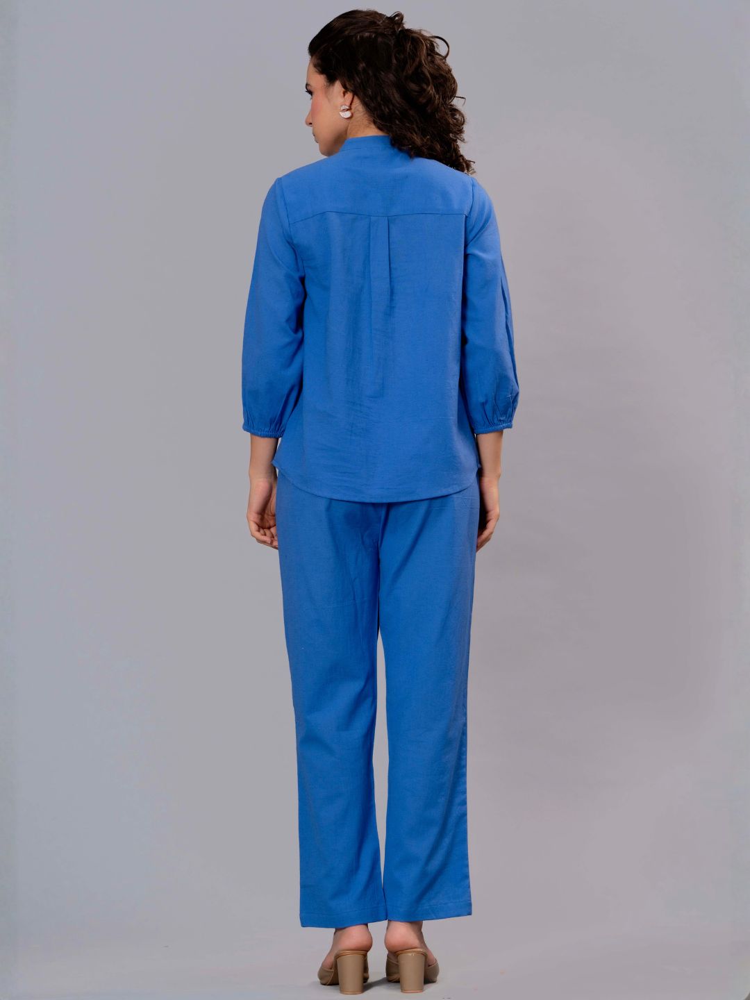 Blue Cotton Embroidered Co-Ord Set with Zip Top