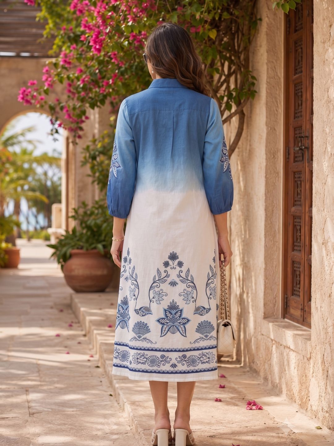 Elegant Indigo Ombre Printed A-Line Midi Dress