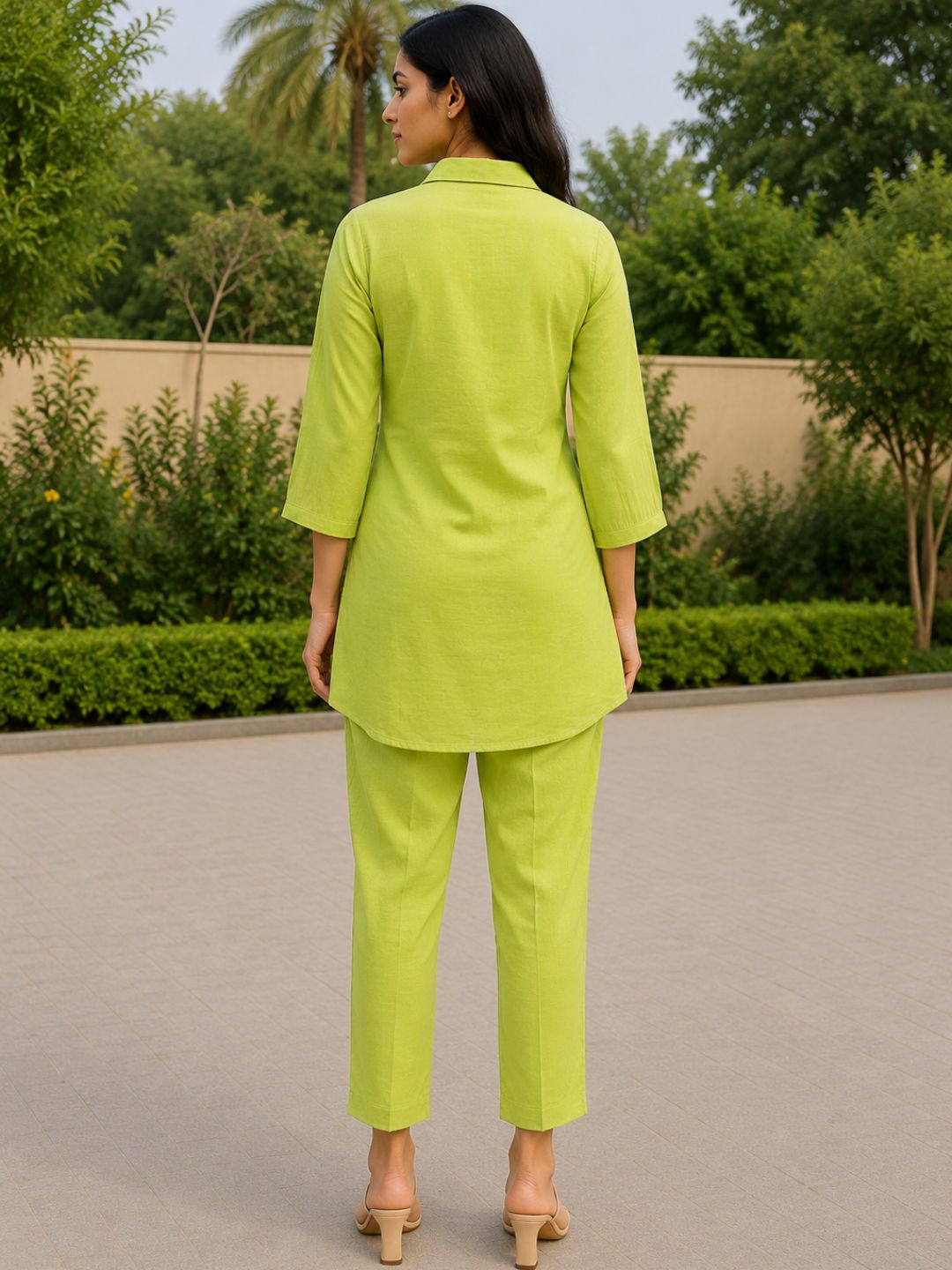 Lime Green Printed Kurta Trouser Co-Ord Set