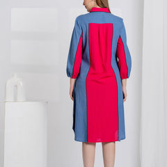 Women Color block Embroidered Midi Dress with Puff Sleeves & Zip Collar