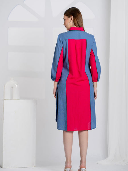 Women Color block Embroidered Midi Dress with Puff Sleeves & Zip Collar