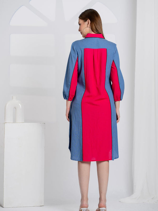 Women Color block Embroidered Midi Dress with Puff Sleeves & Zip Collar
