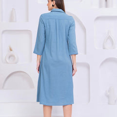 Elegant Embroidered A-Line Midi Dress with Shirt Collar & 3/4 Sleeves