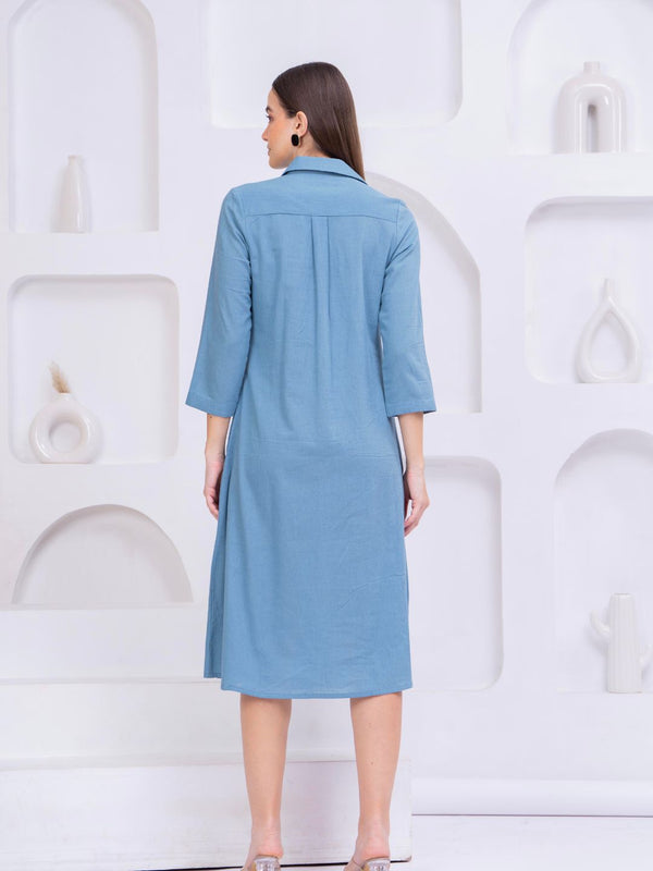 Elegant Embroidered A-Line Midi Dress with Shirt Collar & 3/4 Sleeves