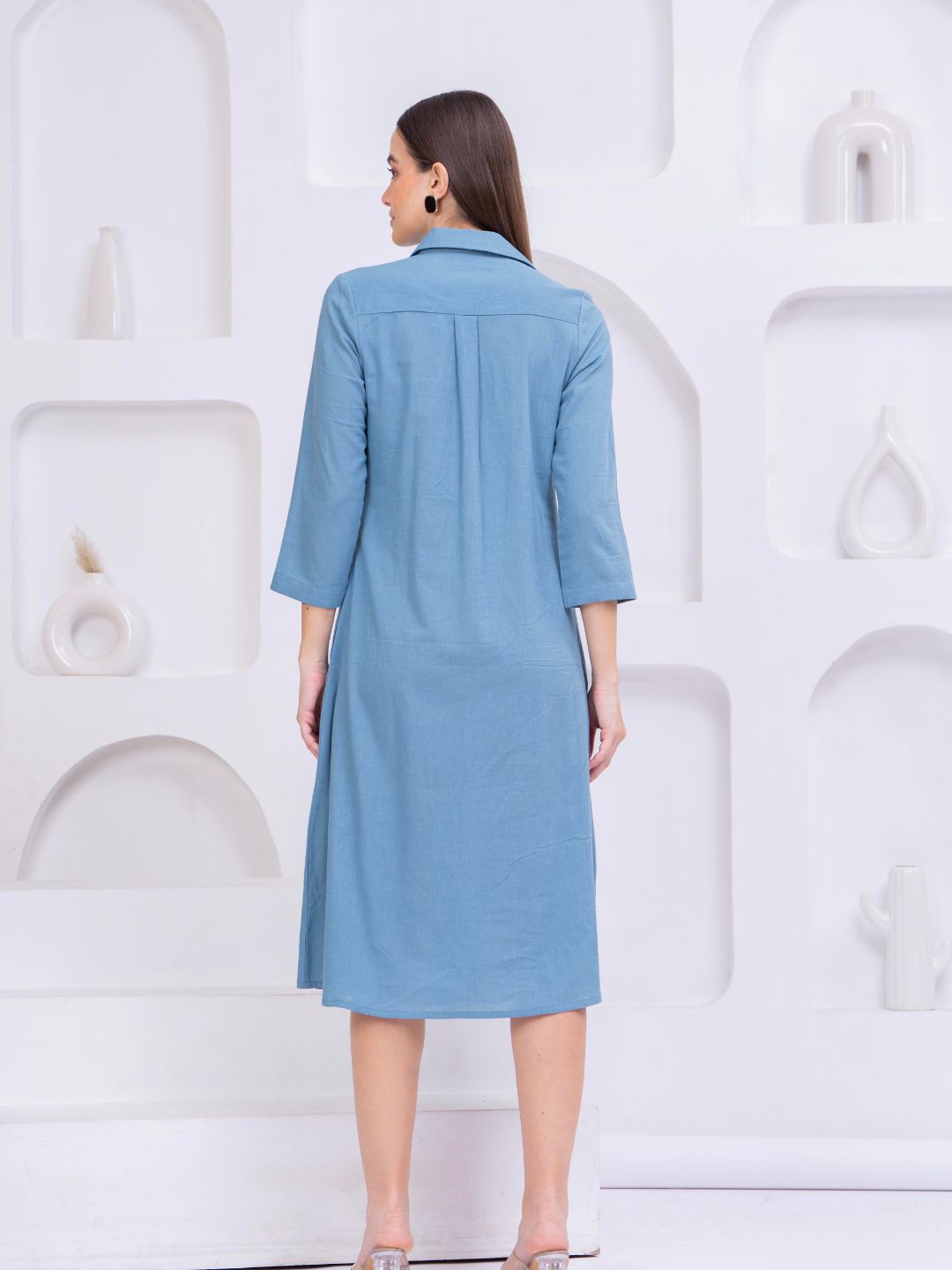 Elegant Embroidered A-Line Midi Dress with Shirt Collar & 3/4 Sleeves
