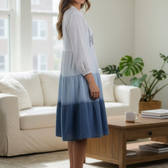 Ocean Haze Ombre Blue Embroidered Fit & Flare Dress