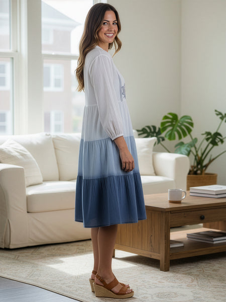 Ocean Haze Ombre Blue Embroidered Fit & Flare Dress