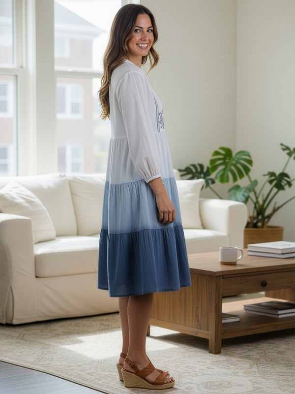 Ocean Haze Ombre Blue Embroidered Fit & Flare Dress