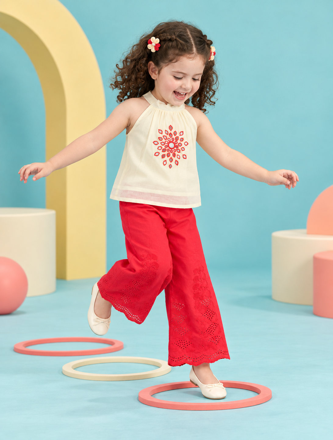 Girls' Cream Embroidered Halter Neck Top with Red Cotton Palazzo Set