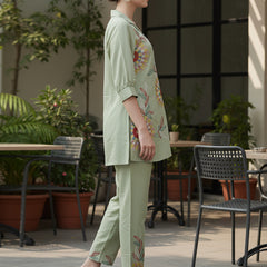 Olive Green Co-Ord: Detailed Central Embroidered Tunic and Wide Pants