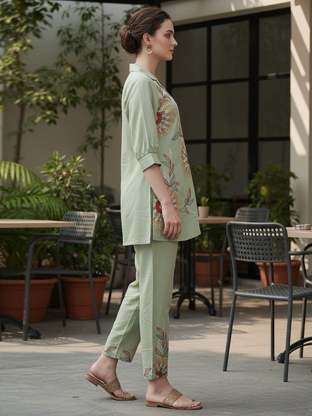 Olive Green Co-Ord: Detailed Central Embroidered Tunic and Wide Pants