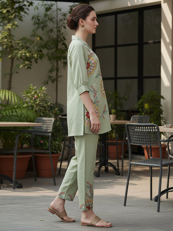 Olive Green Co-Ord: Detailed Central Embroidered Tunic and Wide Pants