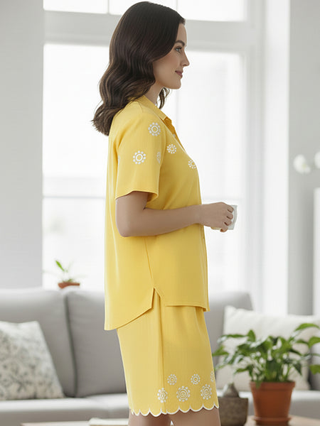 Yellow Button-Down Eyelet Embroidery Chic Co-Ord Set