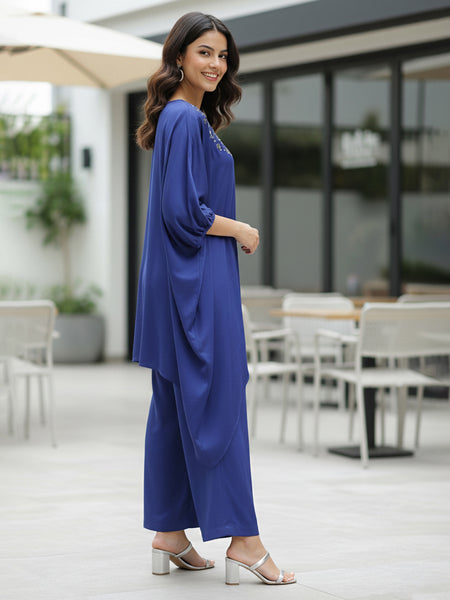 Blue Satin Sequin Work Kaftan Co-ord Set