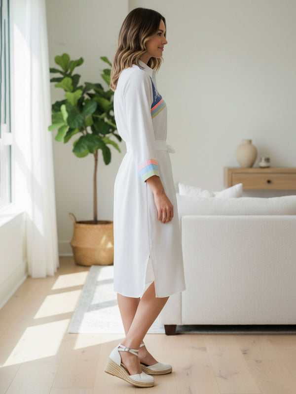 White Embroidered Tencel Midi Dress with Collar Neck