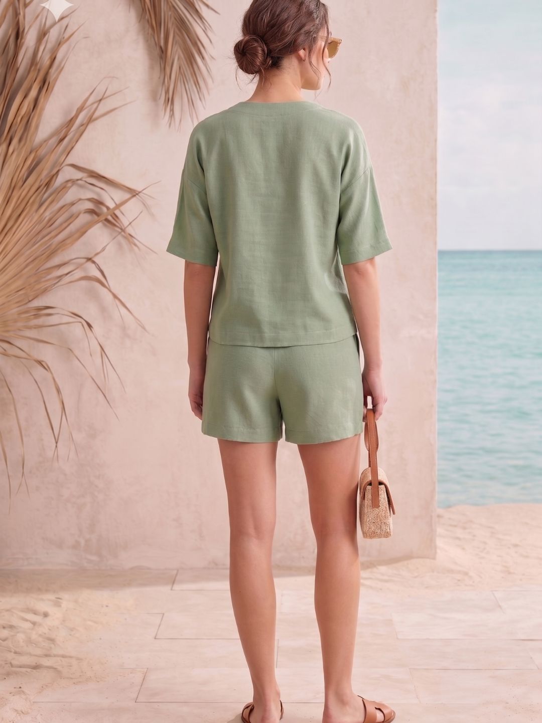Women Green Embroidered Regular Fit V-Neck Top and Shorts Co-Ord Set