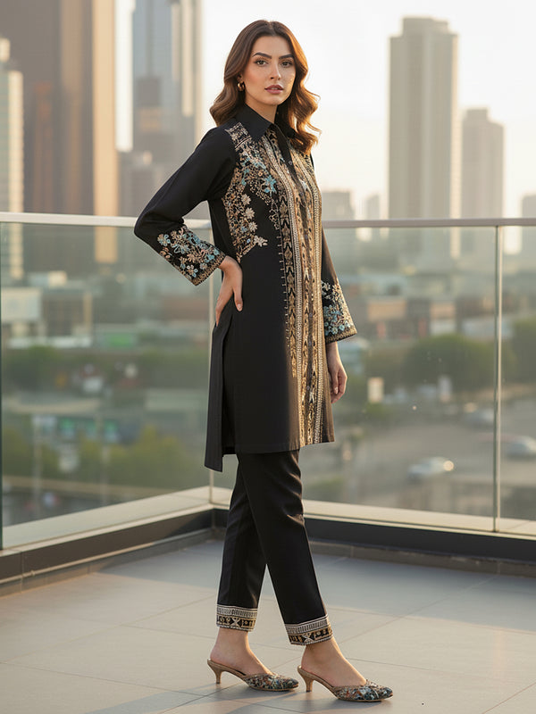 Designer Black Co-ord with Floral & Geometric Embroidery