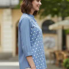 Blue Half-Embroidered Casual Cotton Shirt