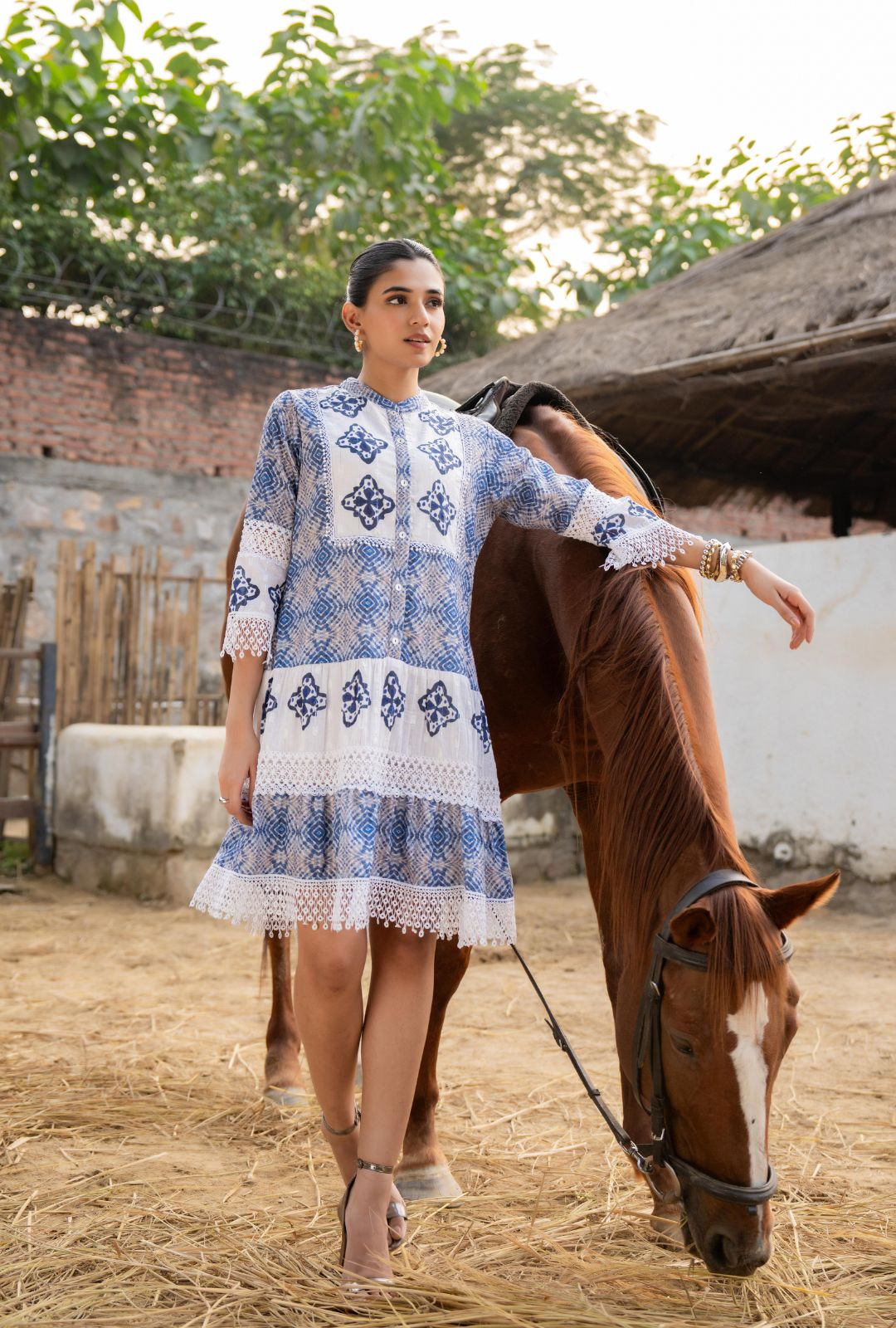 Blue Cotton Embroidered Mini Dress