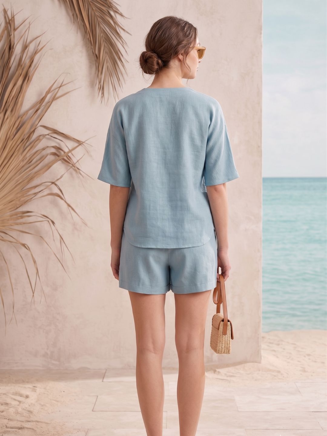 Blue Geometric Embroidered V-Neck Half Sleeve Top with Mid-Rise Shorts Co-Ord Set
