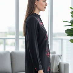 Classic Black High-Neck Embroidered Tunic Top