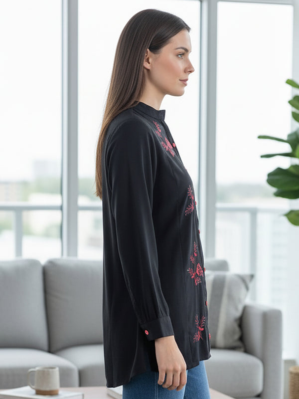 Classic Black High-Neck Embroidered Tunic Top