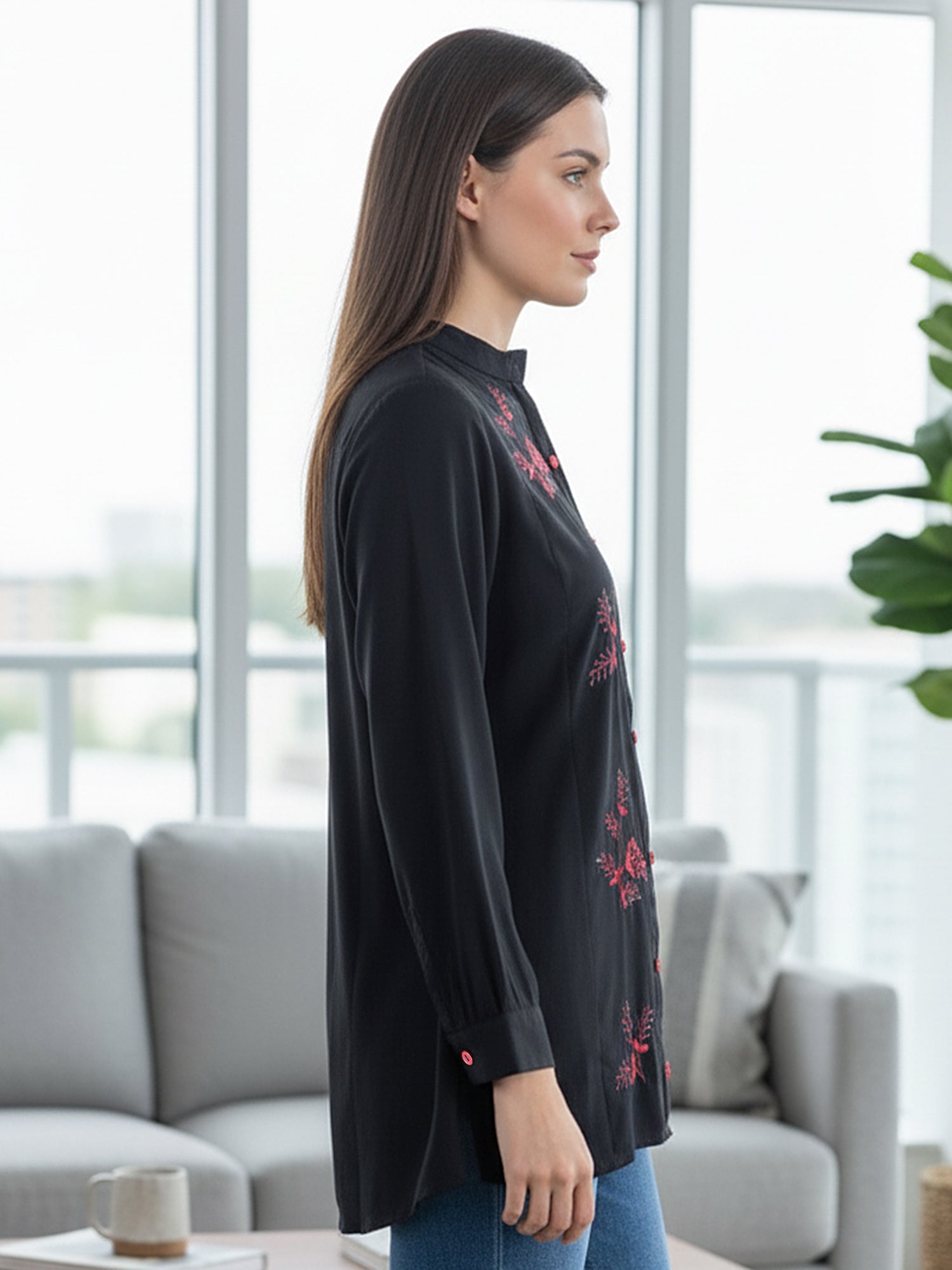 Classic Black High-Neck Embroidered Tunic Top