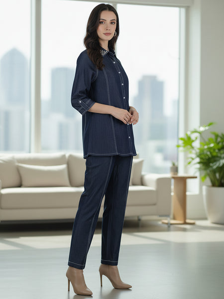 Viscose Navy Blue Embroidered Co Ord Set