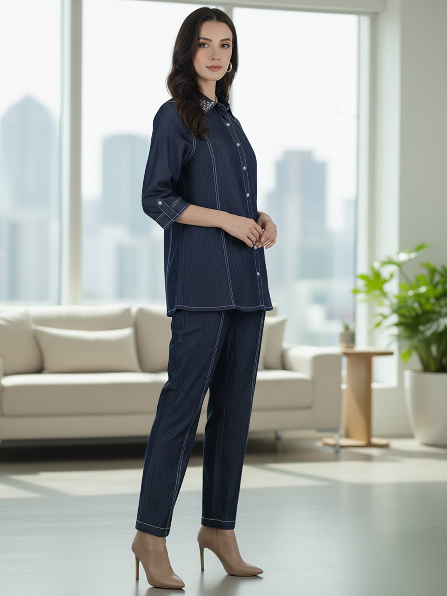 Viscose Navy Blue Embroidered Co Ord Set