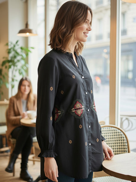 Black Embroidered Mandarin-Collar Shirt with Geometric Pattern
