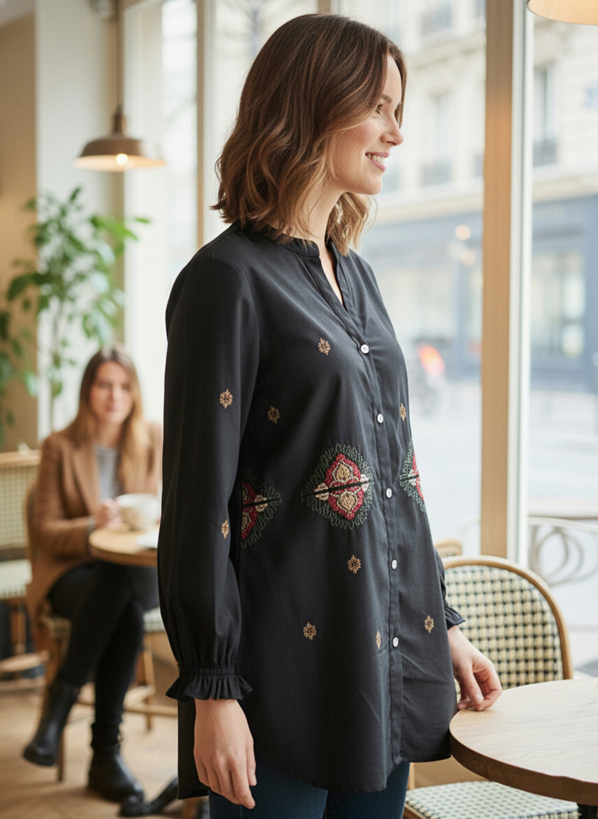 Black Embroidered Mandarin-Collar Shirt with Geometric Pattern