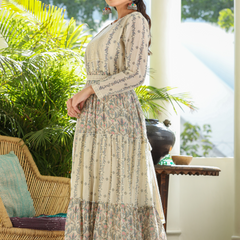 Beige Cotton Printed Flared Dress With Dupatta