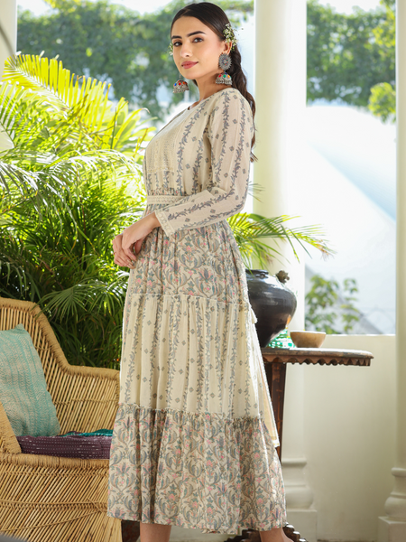 Beige Cotton Printed Flared Dress With Dupatta