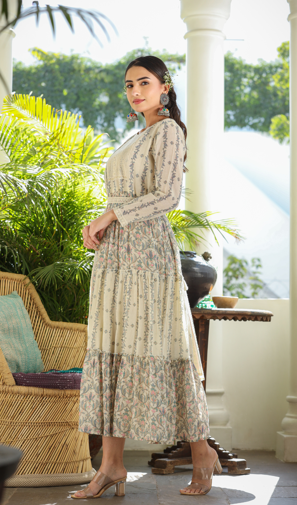Beige Cotton Printed Flared Dress With Dupatta