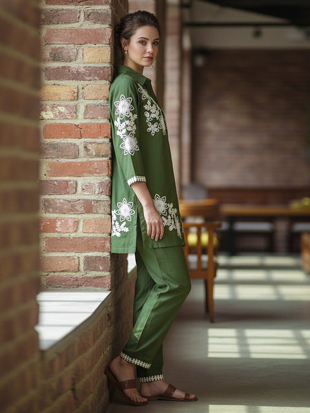 Green Floral Embroidered Cotton Co-ord Set