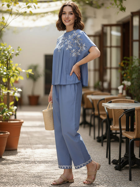 Serene Blue Cotton Embroidered Co-ord Set