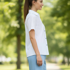 White Button-Down Top With Blue Embroidered Shorts