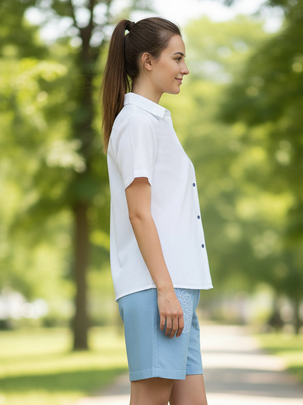 White Button-Down Top With Blue Embroidered Shorts
