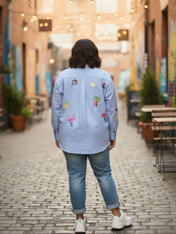 Women Regular Fit Striped Embroidered Shirt