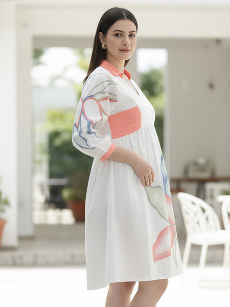 Printed Cotton Cambric Mini Dress with Soft Pink Detailing