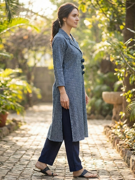 Women Navy Blue Textured Kurta with Pants – Coatrise Fabric
